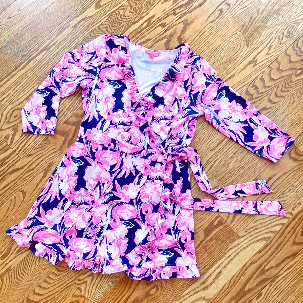Lilly Pulitzer Jessalynne Stretch Wrap Romper Dress Navy Flamingo
